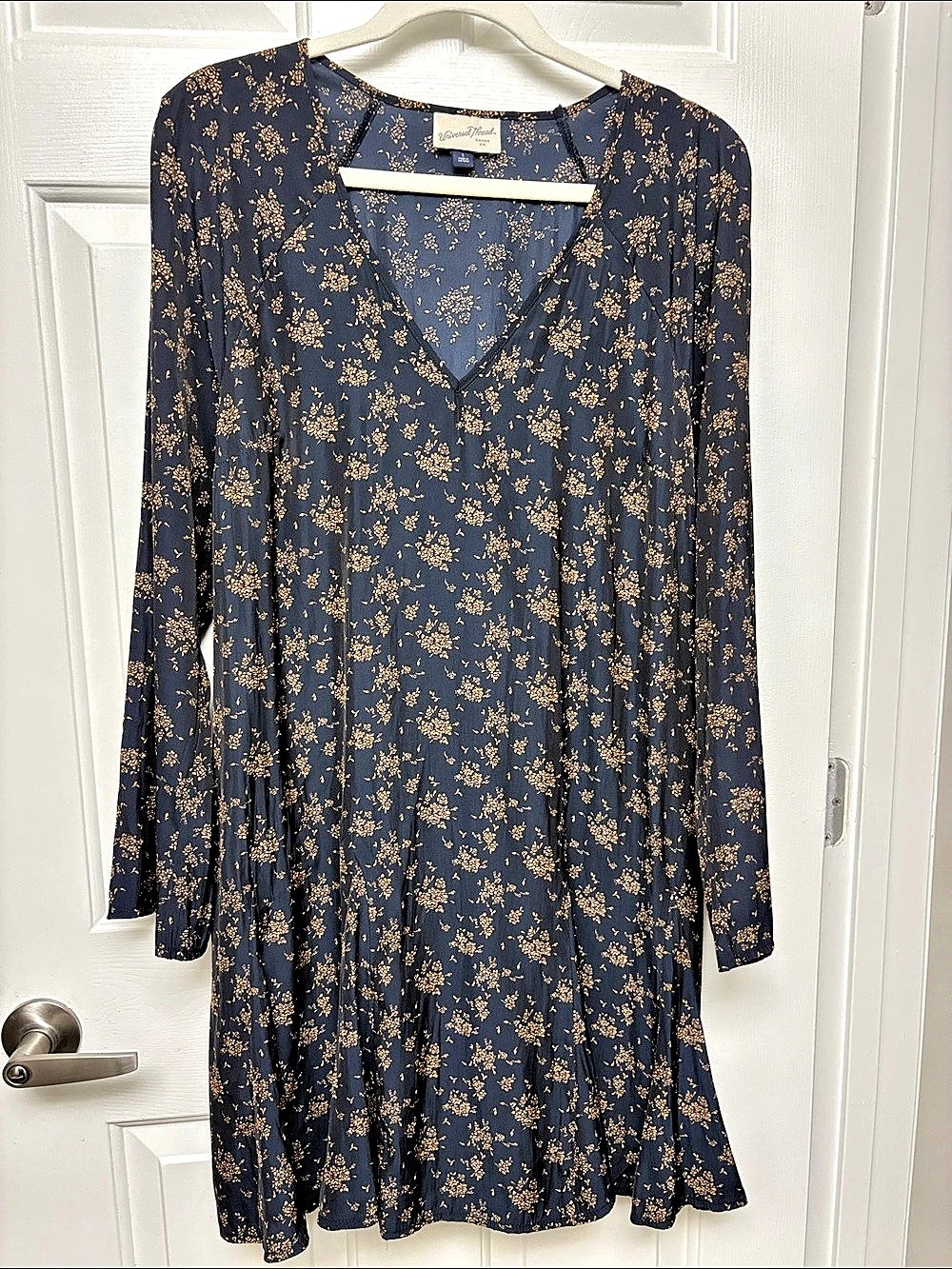Universal Thread Satin Long Sleeve Floral Mini Dress in Navy Blue
